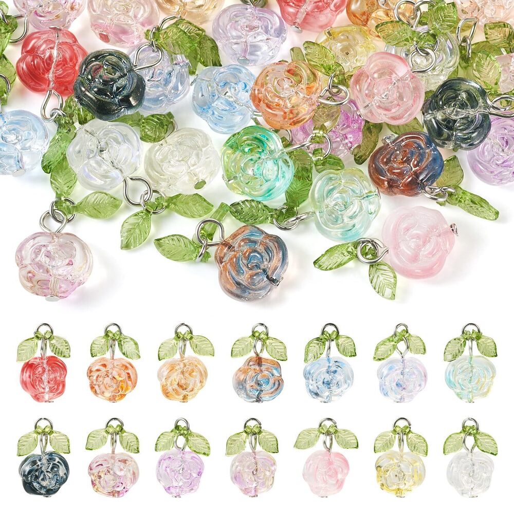 8107 28Pcs Glass Rose Flower Charms Green Leaf Charms Floral Earring Dangle